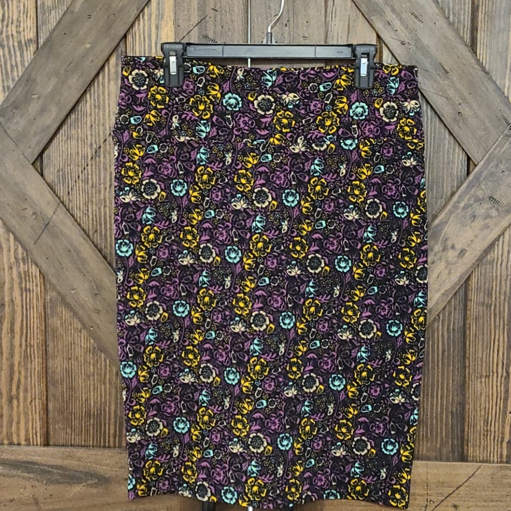 Large LuLaRoe Cassie Skirt Purple Aqua Yellow Flor
